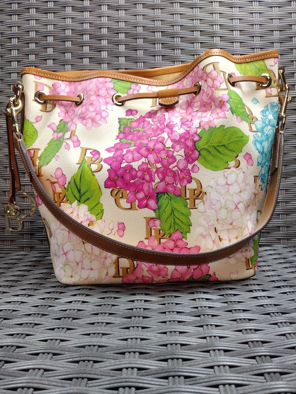 Dooney & Bourke Floral Hydrangea Bucket Bag in Cream, Pink, Green, Blue, Tan